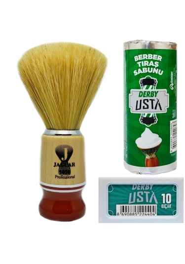 Jaguar 1056 Ahşap Sap Doğal Kıl Tıraş Fırçası, Tıraş Sabunu Seti