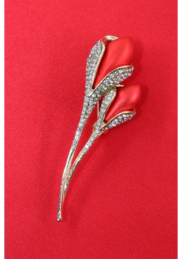 Lale Tomurcuğu Broş. Taşlı Tasarım Lale Broş. Yaka İğnesi Lale Broş. Kadın Broş. Broş. Lale Broş. Altın - Kırmızı