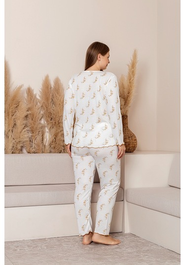 Uzun Kollu Büyük Beden Kadın Pijama Takımı- Çiçek Desenli Pijama - Pinterest Basic Kadın Pijama Hardal