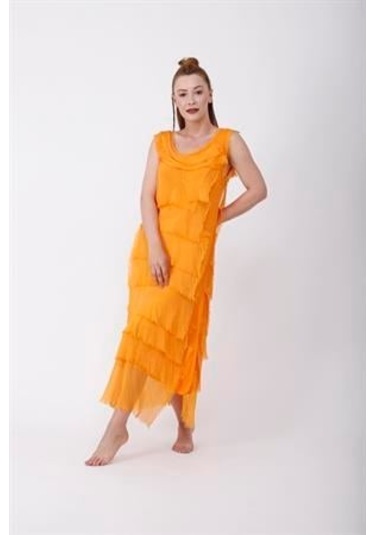 Italyan 2 Beden İnce Gösteren Kat Kat Kolsuz Ipek Elbise-8769 Oranj