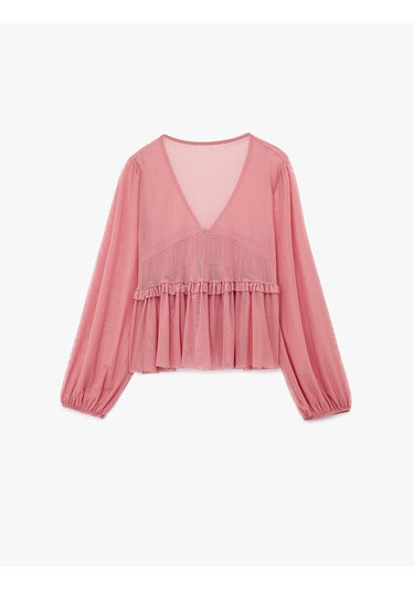 Koton Uzun Kollu Bağlamalı Fiyonk Detaylı Yarı Transparan V Yaka Fırfırlı Bluz Pembe 6wak80130ek Gül