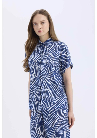 Defacto Regular Fit Desenli Kısa Kollu Gömlek C9621ax25spbe331 Mavi