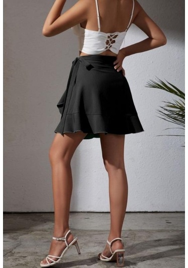 Fastbuy Yaz Mor Mor Düz Renk Fırfırlı Yüksek Bel Kravat Etek Kısa Vücut Mor