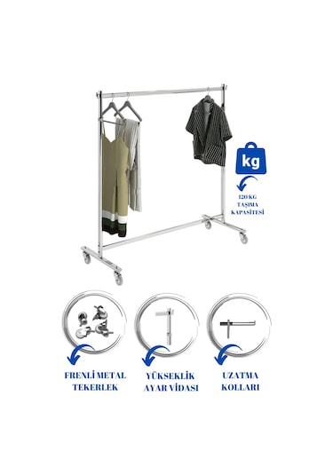 Lüks Ev Tipi Yükseklik Ayarlanabilir Tekerlekli Metal Askılık Metal