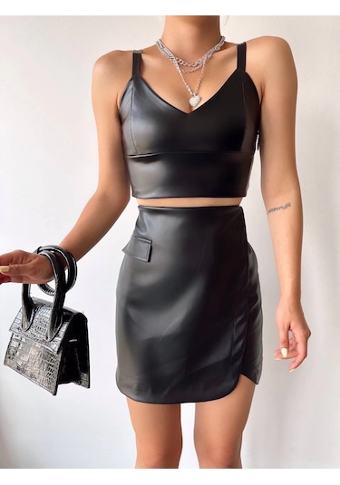 Cep Detaylı Oval Kapaklı Deri Etek Siyah H240048 Siyah