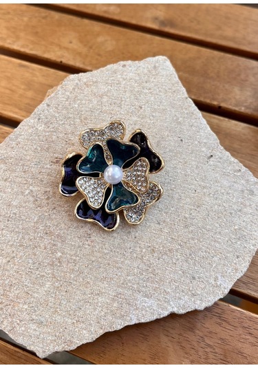 İnci Taşlı Yonca Broş Çok Renkli