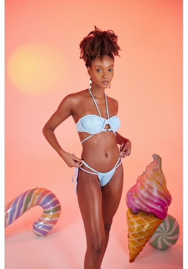 Holly Lolly Özel Yapım Parlak Kumaşlı Premium Mia Bikini Üstü Mavi