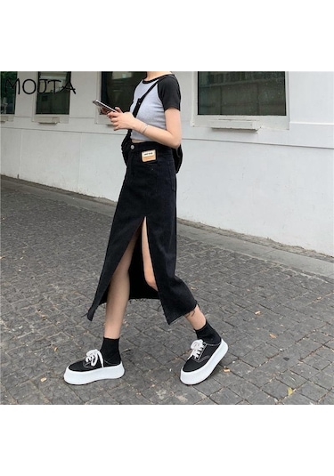 Yaz Kadın Kot Etek Klasik Açık Mavi Yüksek Bel Günlük Kot Bayan Kot Etek Siyah