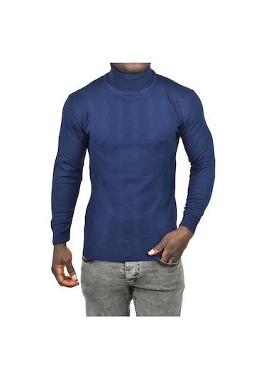 Deepsea Erkek Lacivert Slim Fit Baklava Desenli Tam Balıkçı Yaka Boğazlı Triko Balıkçı Yaka Kazak 2505507 Lacivert