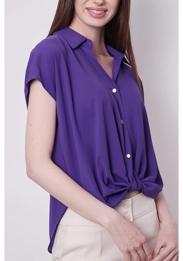 Likrasız Şık Kumaş Yakalı Düşük Omuzlu Önü Pileli Gömlek-eflatun Eflatun