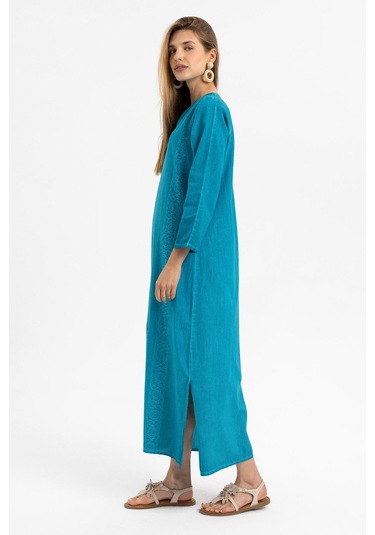 Turkuaz İşlemeli Uzun Kollu Astarsız Pamuklu Uzun Elbise-turkuaz Turkuaz