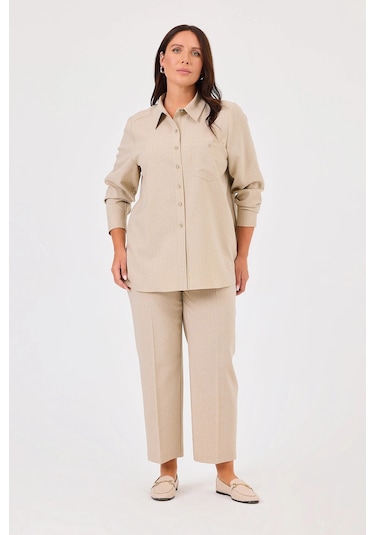 Galaxi Kadın Büyük Beden Çizgili Gömlek 4007 Bej