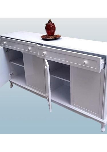 Konsol Klasik Model Tv Sehpa 90386 Ahşap Mdf Parlak Beyaz Boya El Yapım