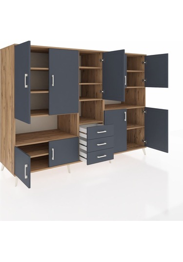 Kronos Dolap 13 Raflı 3 Çekmeceli 9 Kapaklı 220x59x163 Çam-antras Çam-antrasit