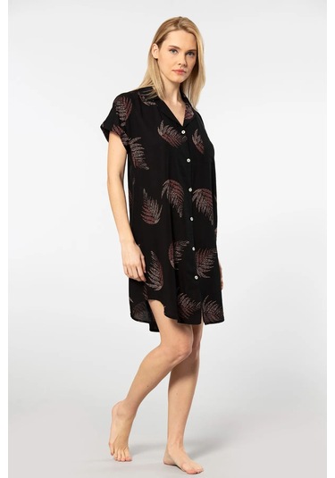 Türen 3601 Kadın Kısa Kollu Dokuma Gömlek Elbise -siyah Siyah
