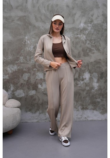 Elaxi Modal Kumaş Slim Fit Kapüşonlu İkili Takım Bej