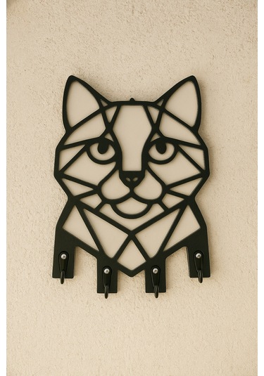 Kedi Figürlü Duvar Tipi Dekoratif Anahtarlık Askılığı Siyah - Beyaz