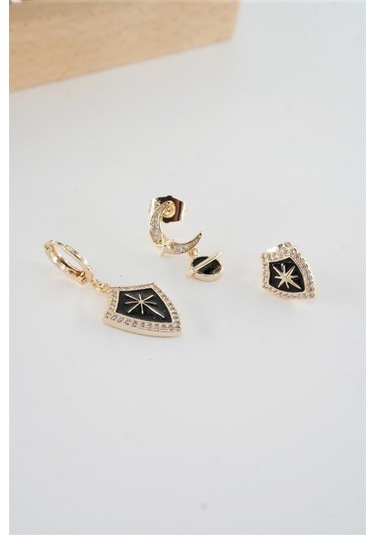 Kadın Vip Seri Antialerjik Baget Zirkon Taşlı 3'lü Küpe-5432 Altın