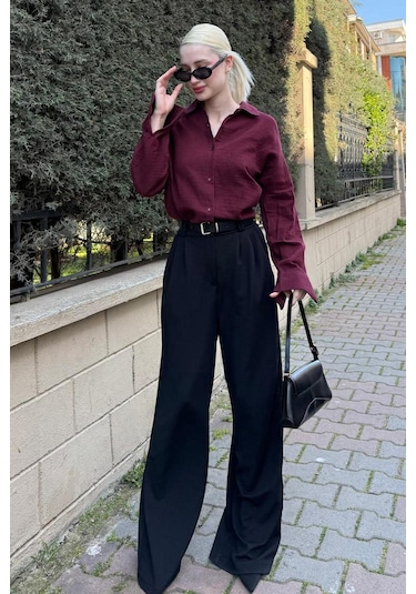 Madmext Bordo Muslin Kumaş Basic Kadın Gömlek Mg1660 Bordo