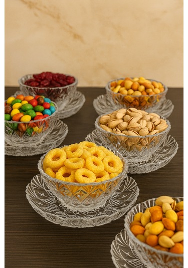 6 Kişilik 12 Parça Cam Desenli Çerezlik Kase Tabak Şeffaf