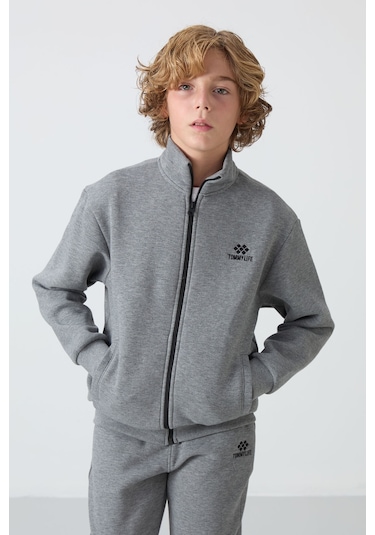 Gri Melanj Pamuklu Kalın İçi Tüylü Yumuşak Dokulu Standart Fit Nakışlı Erkek Çocuk Eşofman Takım - 11256 Gri Melanj