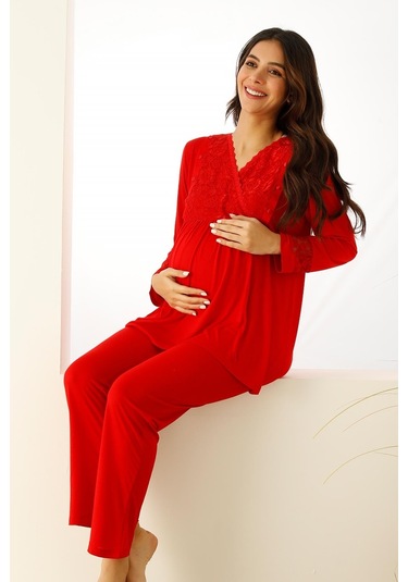 Premium Kutulu Emzirme Bölmeli Dantelli Hamile Lohusa Pijama Takımı Kırmızı