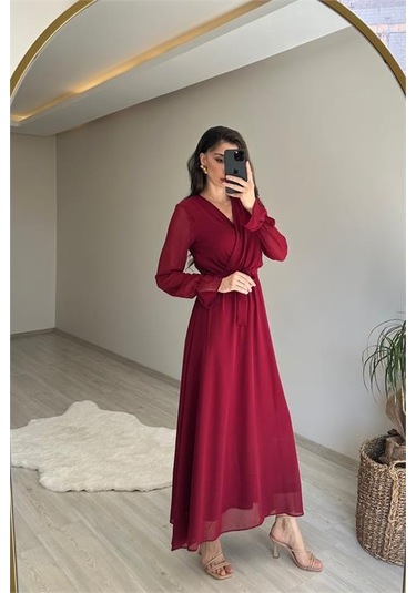 Neşeli Butik Kadın Uzun Kollu Kuşaklı Maxi Şifon Elbise Nm001 Bordo