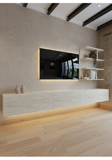 Resital Ledli Duvara Monte Tv Sehpası - Traverten - W6012-8 Traverten