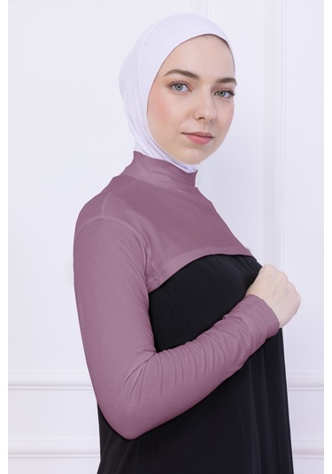 Balıkçı Yaka Boyunluklu Kolluk Gül Kurusu Pembe - Likralı Dik Yakalı Kadın Body Tesettür Crop Bolero Gül Kurusu