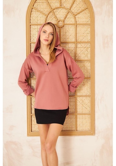 Kadın Scuba Kapüşonlu Arkası Uzun Salaş Rahat Kalıp Sweatshirt 3506230 Gülkurusu