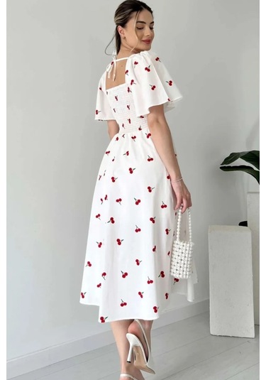 Gipeli Kemerli Kare Yaka Elbise Uzun Poplin Elbise Beyaz