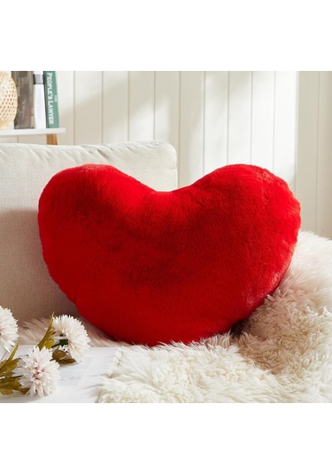 Singree Kırmızı Kalp Yastığı Ultra Yumuşak Tavşan Kürkü 30x25cm Decoratif Koltuk Yastığı Sevgililere Hediye Oturma Odası Dekoru Kırmızı