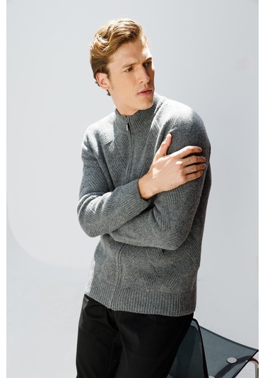 Erkek Dik Yaka Baklava Desenli Yün Ceket Füme Füme