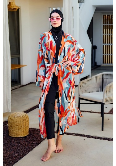 Remsa Tesettür Mayo Üzerine Tek Kaftan Kimono Pareo Turuncu Rp027 Lotus Turuncu