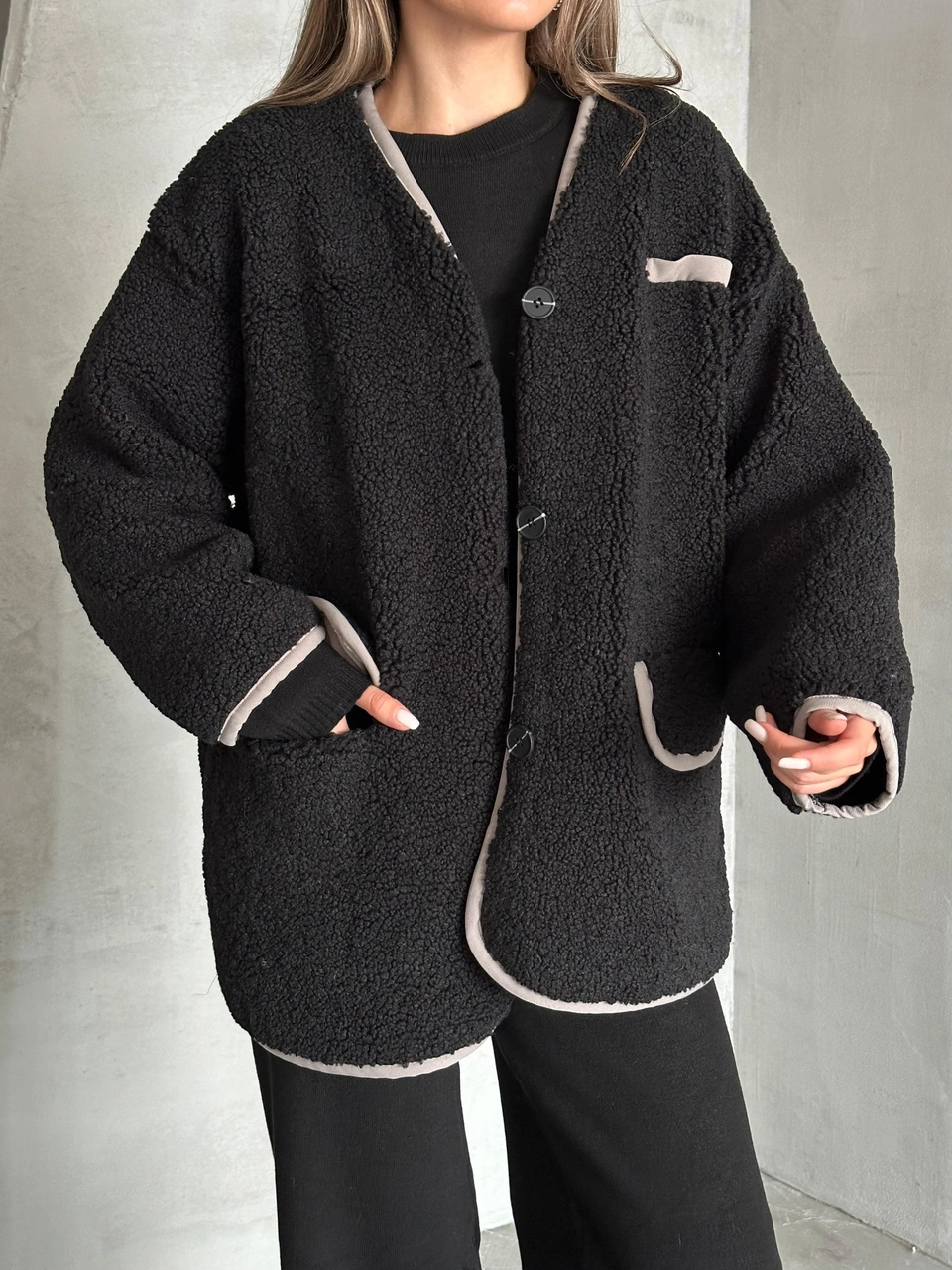 Siyah Oakland Şerit Detaylı Bürümcük Ceket Siyah