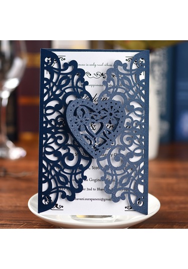 Shineyee 10 Adet Deniz Mavisi Gümüş Kağıt Davetiye Kapakları - Kalp Desenli, Düğün/doğum Günü Davetiyeleri, 18x12cm, D126 Serisi