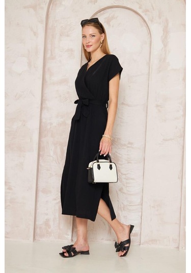 Kadın %100 Müslin Pamuk Yırtmaçlı Kruvaze Beli Kuşaklı Salaş Uzun Günlük Elbise 3612330 Siyah