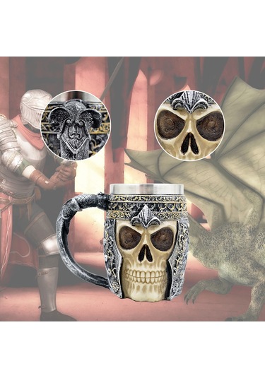 Xindoker 3d Tasarım Kupa - 450ml Paslanmaz Çelik Ve Rezinden, Ev, Bar Ve Restoranlar İçin İdeal - Kafatası Şövalye Temalı Çok Renkli