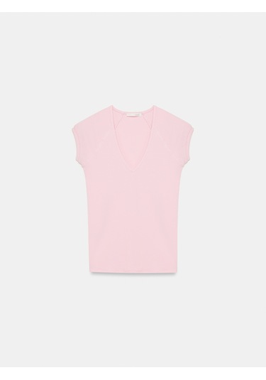 Dilvin 32894 V Yaka Fit T-shirt-toz Pembe