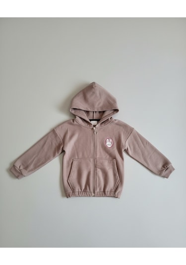 Minik Tavşan Nakışlı Fermuarlı Kapüşonlu Kız Çocuk Polar Hırka Kahverengi