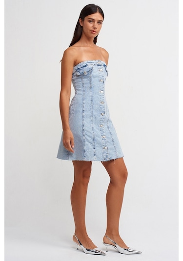 Dilvin 90524 Eteği Dikişsiz Kloş Denim Elbise-Mavi