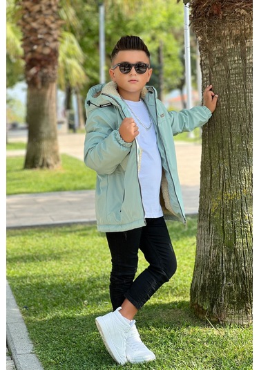 Erkek Çocuk Sabit Kapüşonlu Metal Armalı İçi Kürklü Mont Km3987 Mint