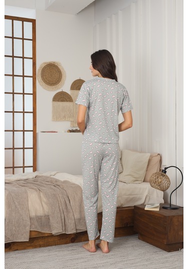 Kadın Yazlık Kısa Kol Penye Süprem Kumaş Pijama Takımı Haki Kalpli