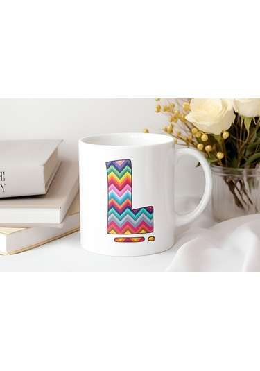 L Harfi Renkli Zigzag Desenli Kupa Bardak - Afrika Tarz Etnik Tasarım Kupa - Kişiye Özel Beyaz