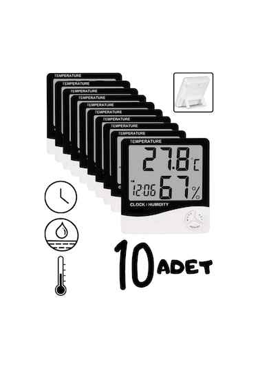 10 Adet Dijital Termometre Sıcaklık Ve Nem Ölçer Masa Saati Alarm