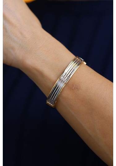 Yenigün Kuyumculuk 14 Ayar Altın Beyaz Altın Şeritli Kelepçe Klp23973 Sarı Altın