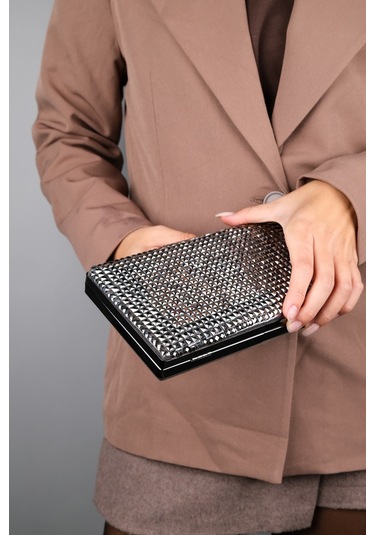 Gomeda Platin Kare Taşlı Kadın Abiye Çanta Platin Kristal