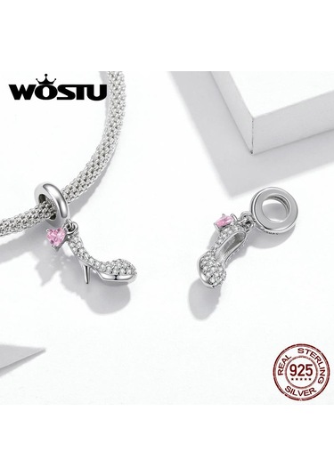 Wostu Parlak Cam Terlik 925 Ayar Gümüş Topuklu Pembe Kalp Zirkon Kolye Charm Fit Orijinal Bilezik Takı Gümüş