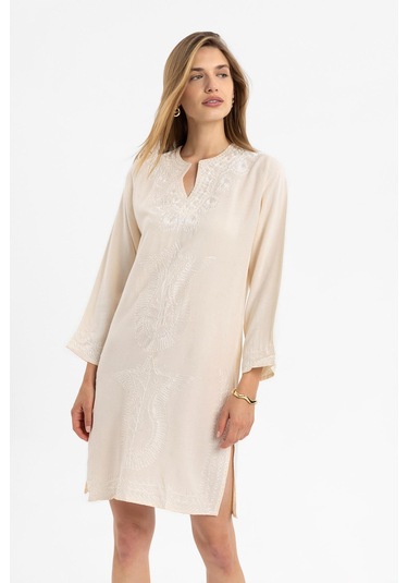 Krem İşlemeli Uzun Kollu Astarsız Pamuklu Kısa Elbise-krem Krem