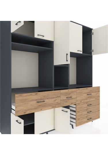 Kronos Dolap 10 Raflı 6 Çekmeceli 8 Kapaklı 220x59x243 Antrasit-aytaşı/çam Aytası/atlas Çam